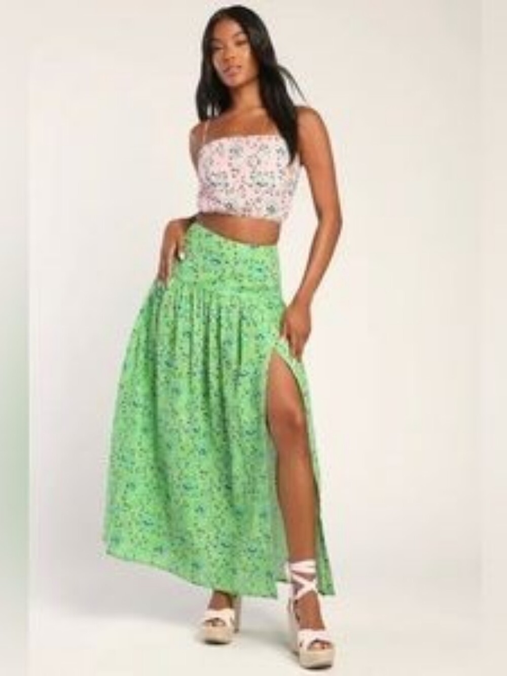 Lulus Best Matched Pink & Green Multi Print Two-Piece Maxi Dress Size Medium NWT